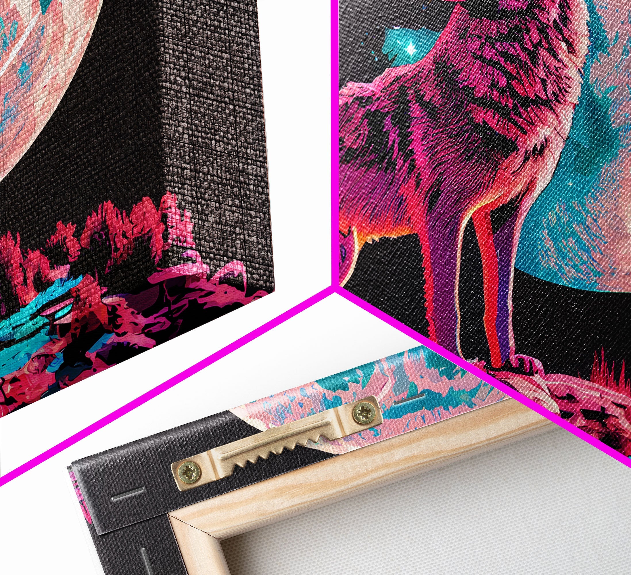 Howl at the moon, wolf art, framed canvas print, synthwave / vaporwave art