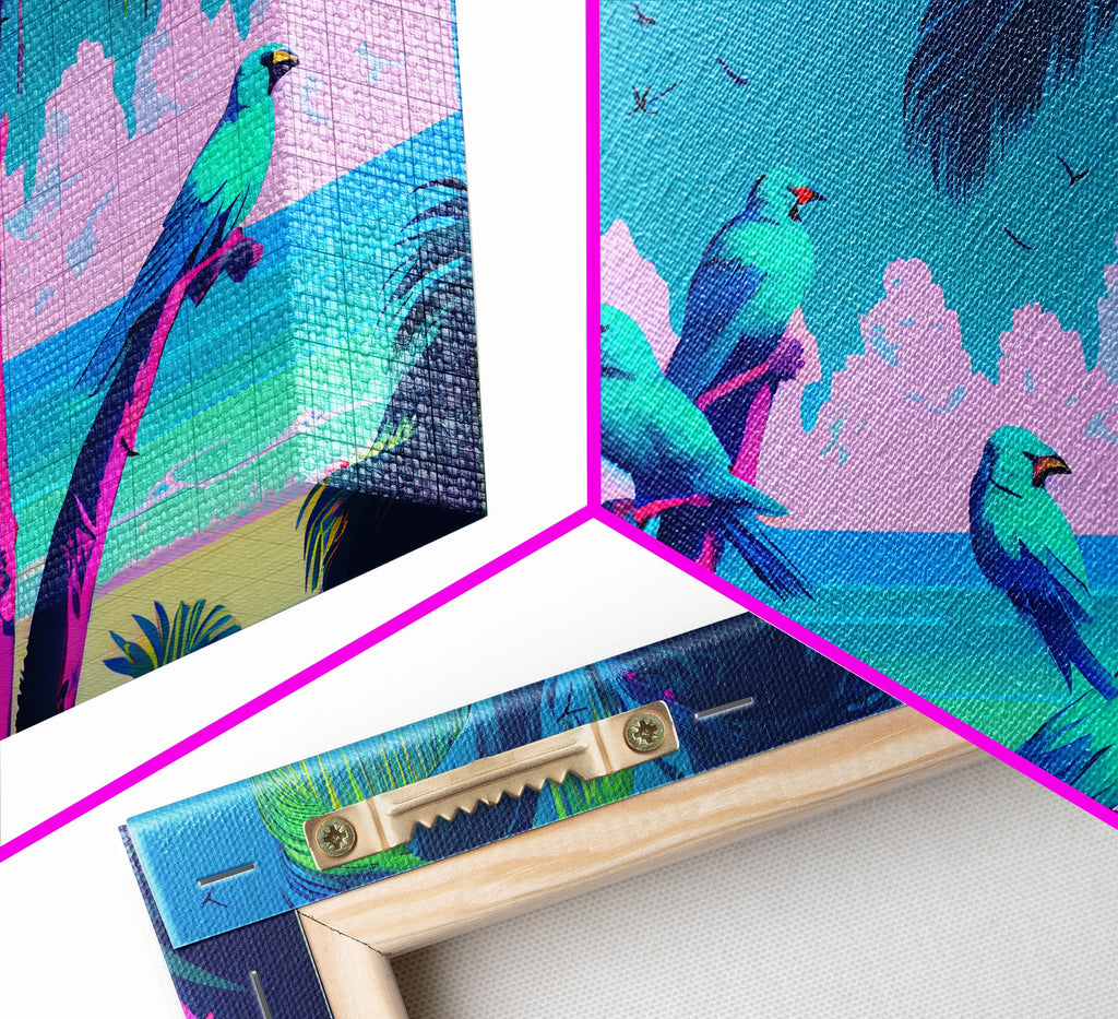 Tropical birds of paradise, synthwave, vaporwave wall art, framed canvas print | | Wiccan Center