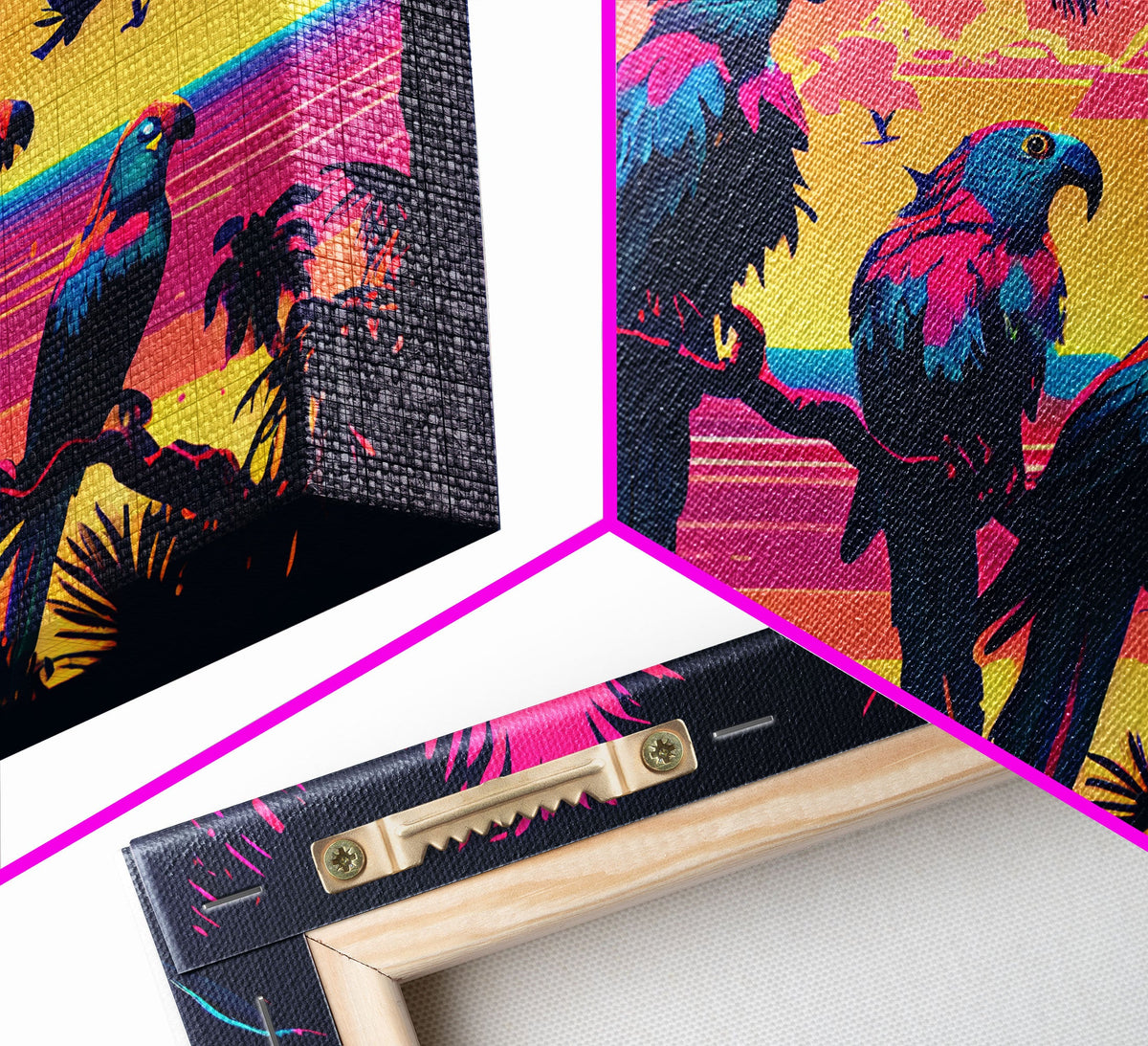 Tropical birds of paradise, synthwave, vaporwave wall art, framed canvas print | | Wiccan Center