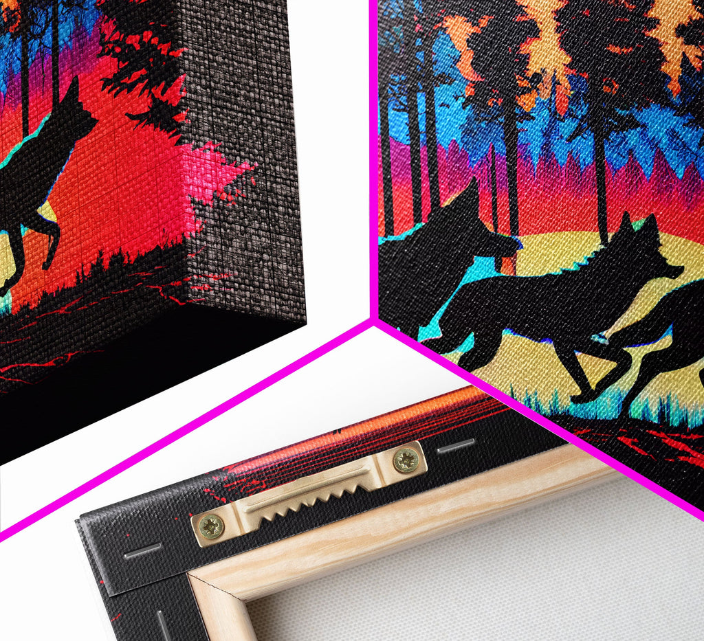 Wolves on the hunt at sunset, synthwave animal art, framed canvas print, vaporwave aesthetic animal art | | Wiccan Center