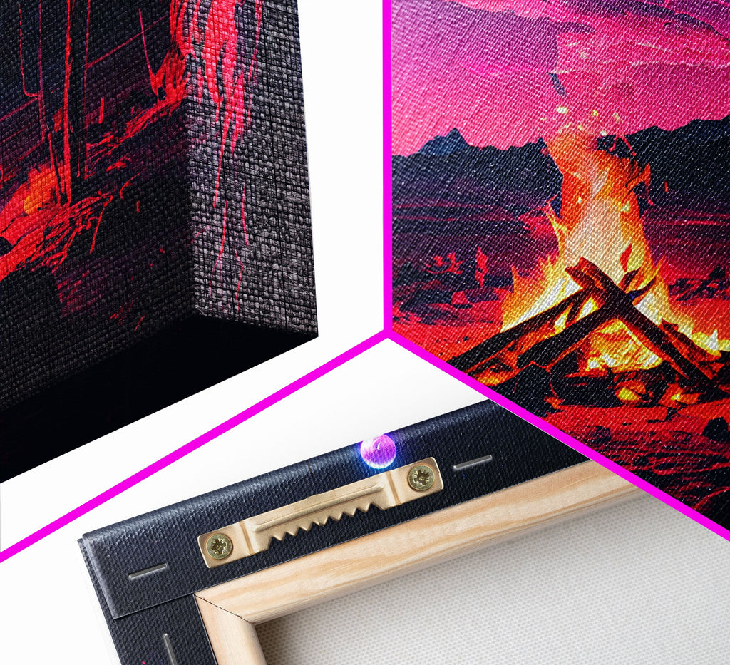 Primitive Art, Campfire Painting Print, Framed Canvas Print, Synthwave Farmhouse Decor | | Wiccan Center