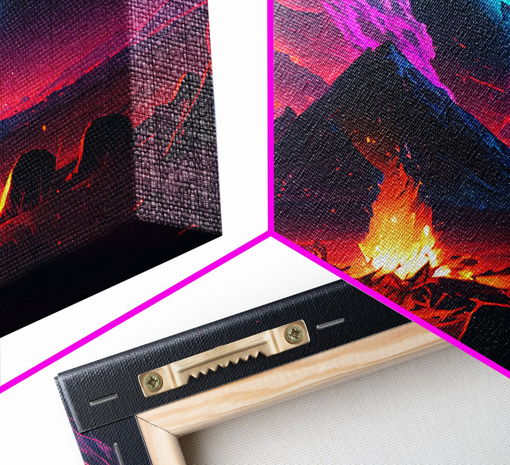 Campfire under a Full Moon, Framed canvas print, retro synthwave / outrun style primitive home decor