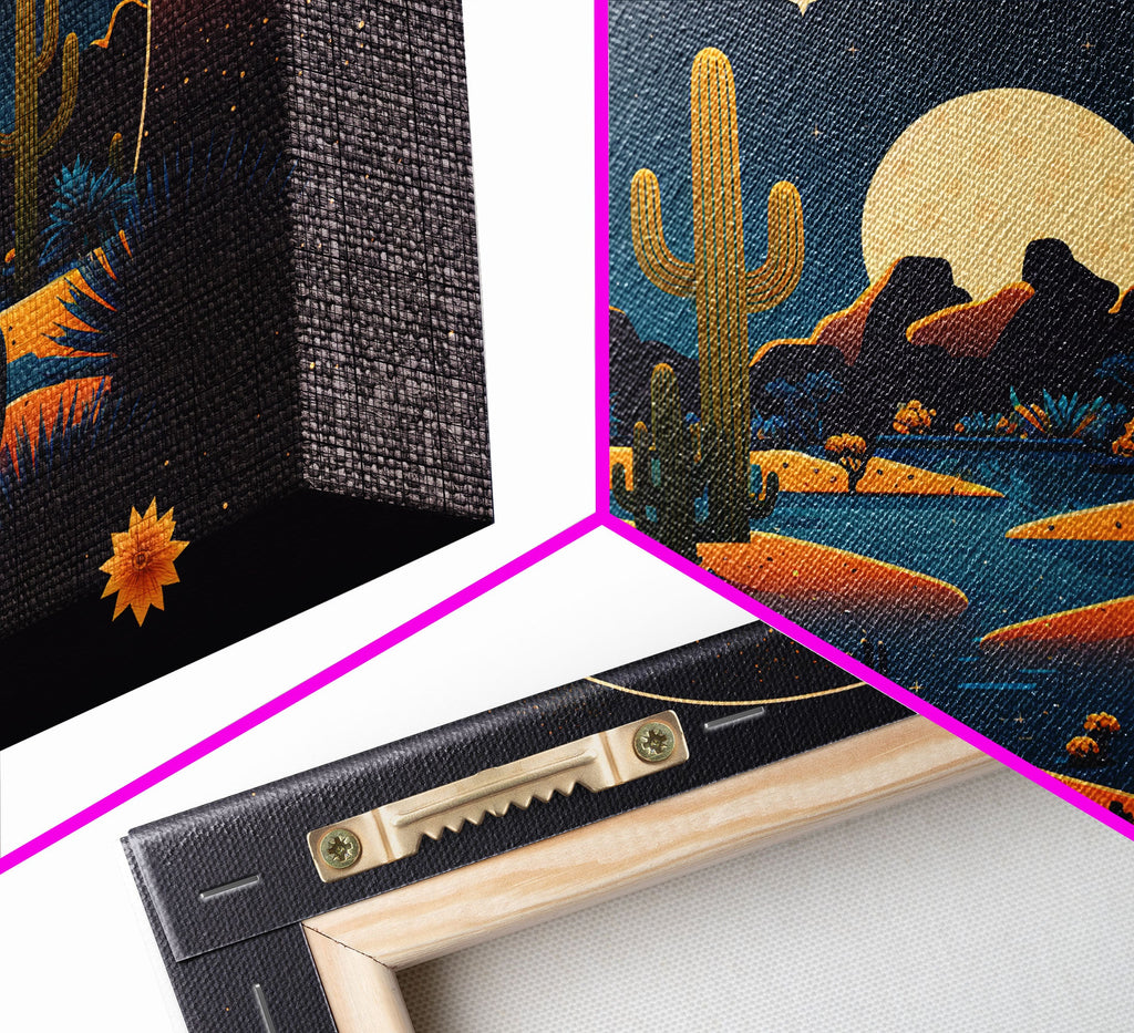 Retro Art Deco Style Pueblo Desert Art, Cactus Desert Landscape under a Full Moon, Framed Canvas Print, Cute Western Decor | | Wiccan Center
