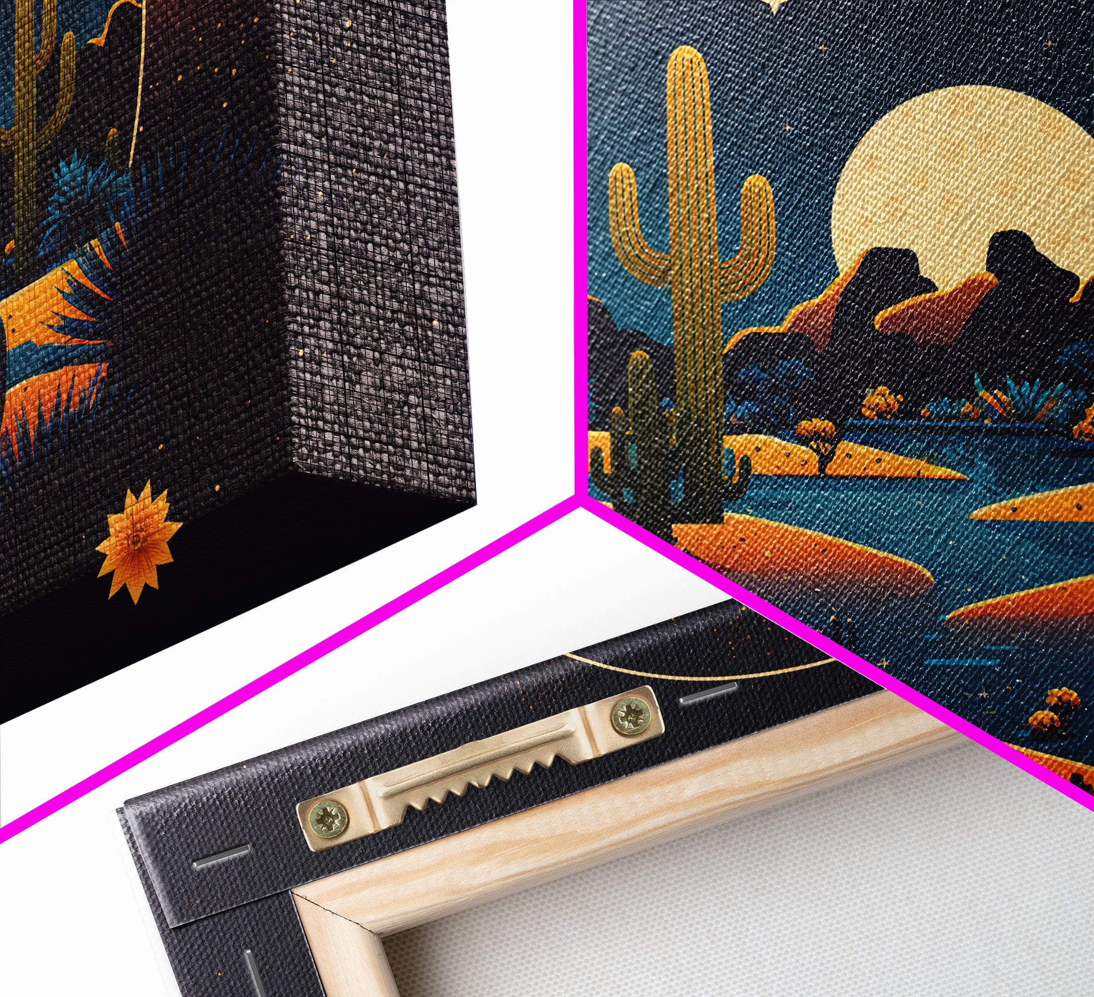 Retro Art Deco Style Pueblo Desert Art, Cactus Desert Landscape under a Full Moon, Framed Canvas Print, Cute Western Decor | | Wiccan Center