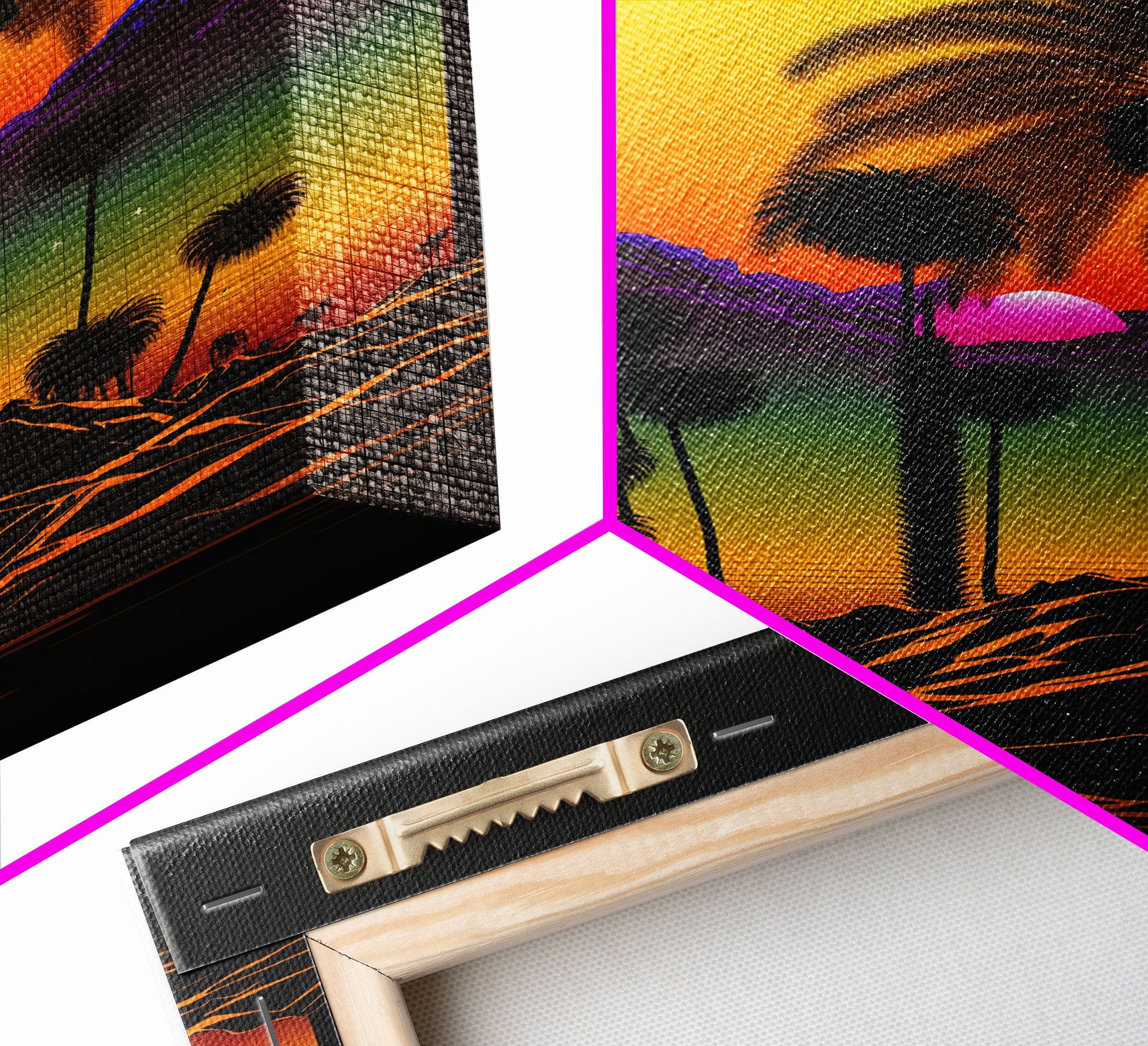 Pop Art Framed Canvas Print of Desert Landscape at Sunset, Outrun Style Sunset Full Moon Art, Unique 80s Vibe Retro Art | | Wiccan Center