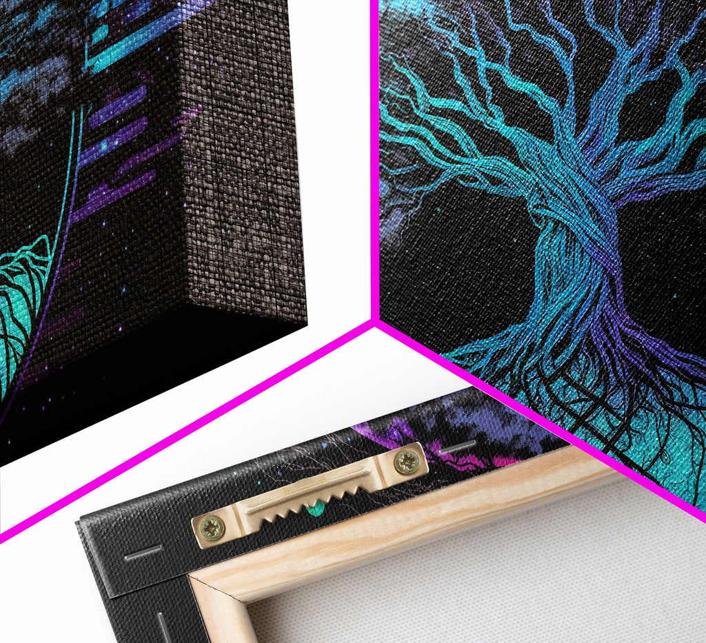 Norse Mythology Art, Synthwave Style Yggdrasil Tree of Life and the 9 Realms, Fantasy Art, Framed Canvas Print, Game Room Nordic Art | | Wiccan Center