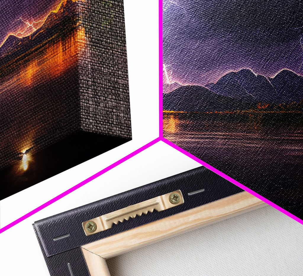 Full moon canvas print, Lightning storm over a mountain lake at night, cool wall art, awesome wall art