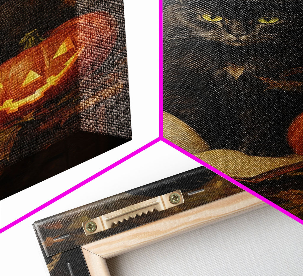 Cute Witch Cat Reading Her Book Of Spells, Vintage Halloween Art, Framed Canvas Print, Halloween Canvas Art, Witchcraft | | Wiccan Center
