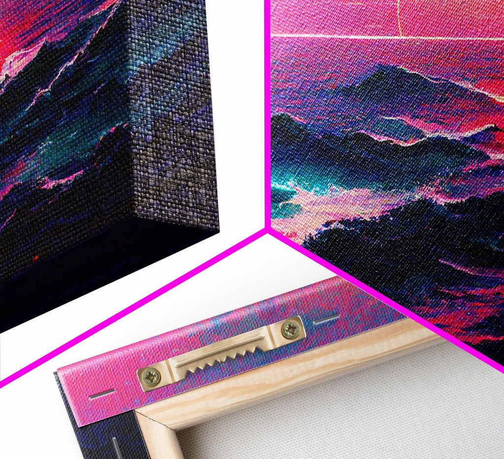 Outrun Style Synthwave Sunset Ocean Waves, 3 Piece Wall Art, Ready To Hang Canvas Print, Cool Unique Lakehouse Wall Art Decor | | Wiccan Center