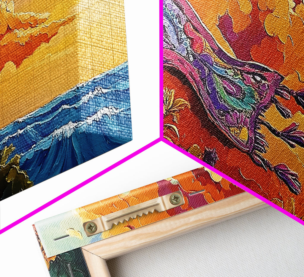 Sunset Coast, Rug, Framed Canvas Print, Sunset Beach Art, Magic Carpet Illustration, Vibrant Coastal Decor, Dreamy Bedroom Art | | Wiccan Center
