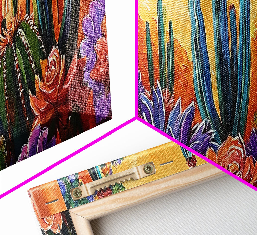 Desert Garden Magic, Colorful Cactus Landscape, Urban Nature Art, Framed Canvas Print, Living Room Southwest Decor, Boho Sunset Wall Art | | Wiccan Center