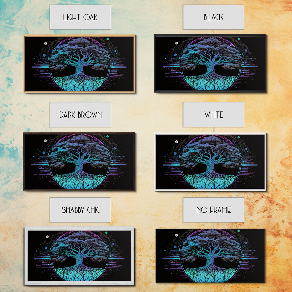 Norse Mythology Art, Synthwave Style Yggdrasil Tree of Life and the 9 Realms, Fantasy Art, Framed Canvas Print, Game Room Nordic Art | | Wiccan Center