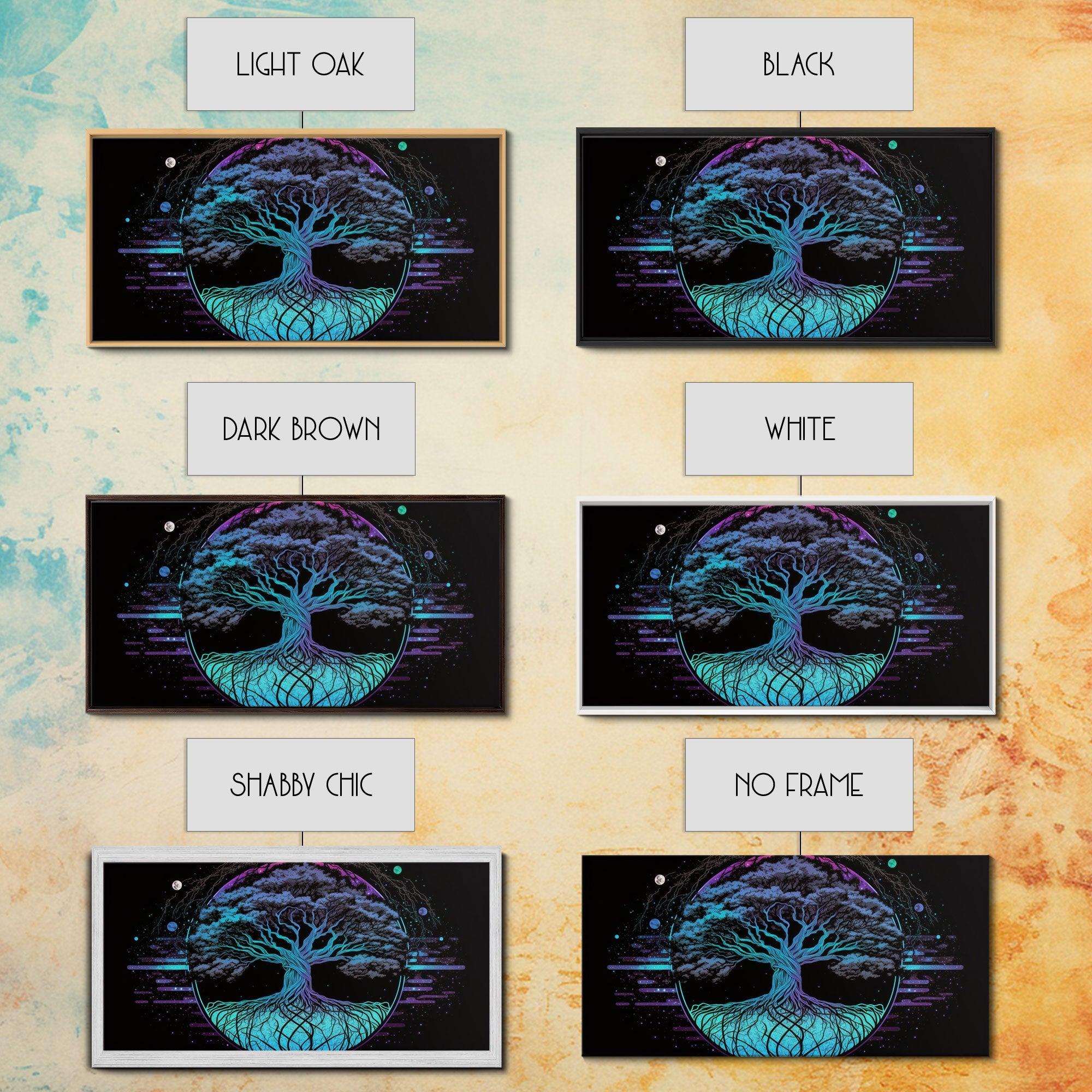 Norse Mythology Art, Synthwave Style Yggdrasil Tree of Life and the 9 Realms, Fantasy Art, Framed Canvas Print, Game Room Nordic Art | | Wiccan Center