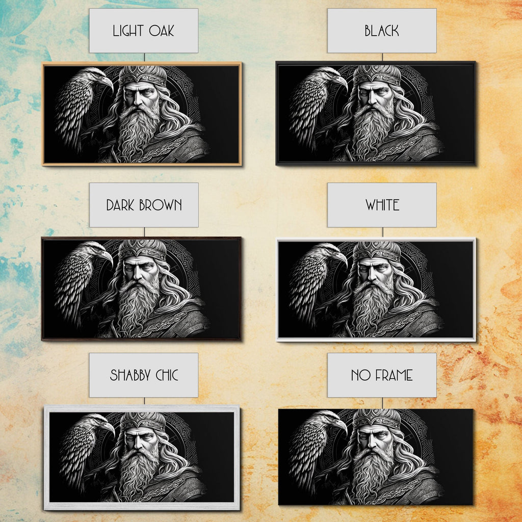 Black and White Portrait of Odin and Muninn, King of The Gods, Framed Canvas Print, Odin's Ravens, Norse Mythology Art | | Wiccan Center