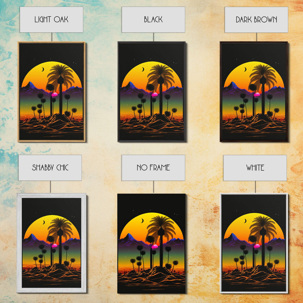 Pop Art Framed Canvas Print of Desert Landscape at Sunset, Outrun Style Sunset Full Moon Art, Unique 80s Vibe Retro Art | | Wiccan Center