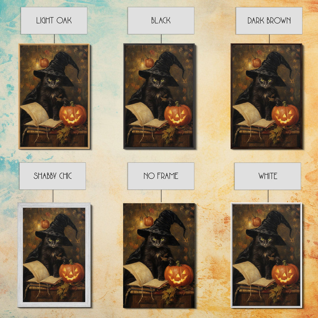 Cute Witch Cat Reading Her Book Of Spells, Vintage Halloween Art, Framed Canvas Print, Halloween Canvas Art, Witchcraft | | Wiccan Center