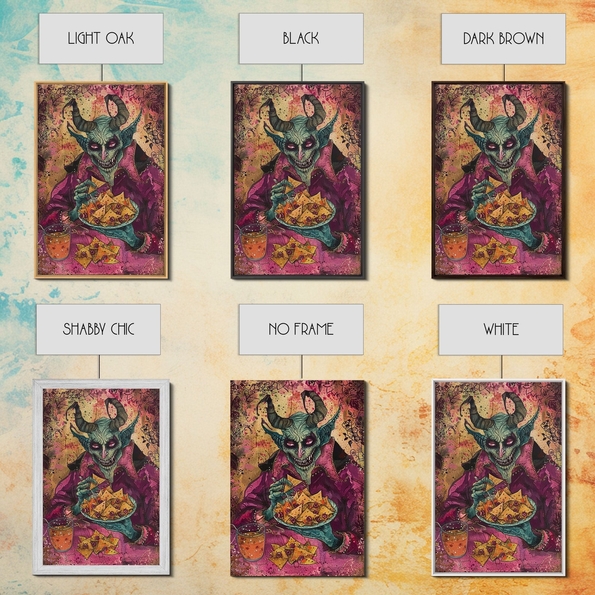 Spooky Demon Eating Chips Framed Canvas Print, Halloween Art, Unique Wall Art, Creepy Home Decor, Scary Art, Spooky Living Room Decor | | Wiccan Center