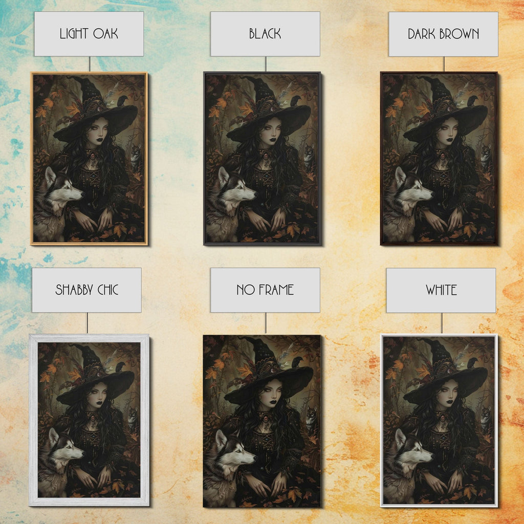 Witch with Wolves in Enchanted Forest - Dark Sorcery Mystical Art Framed Canvas Print, Halloween Gothic Decor | | Wiccan Center