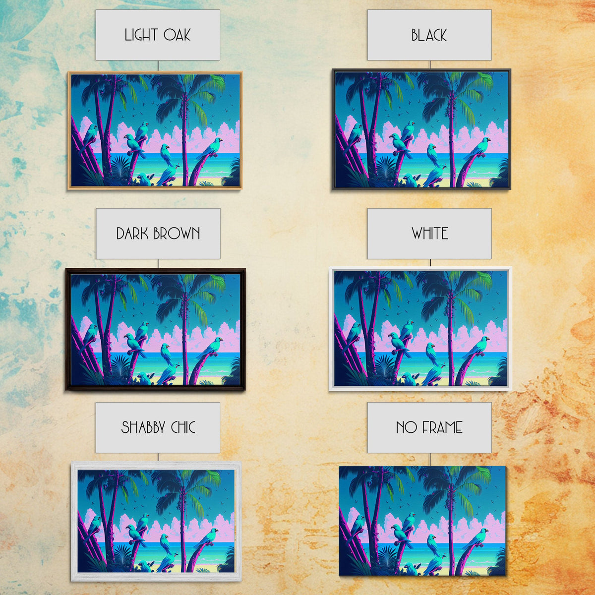 Tropical birds of paradise, synthwave, vaporwave wall art, framed canvas print | | Wiccan Center