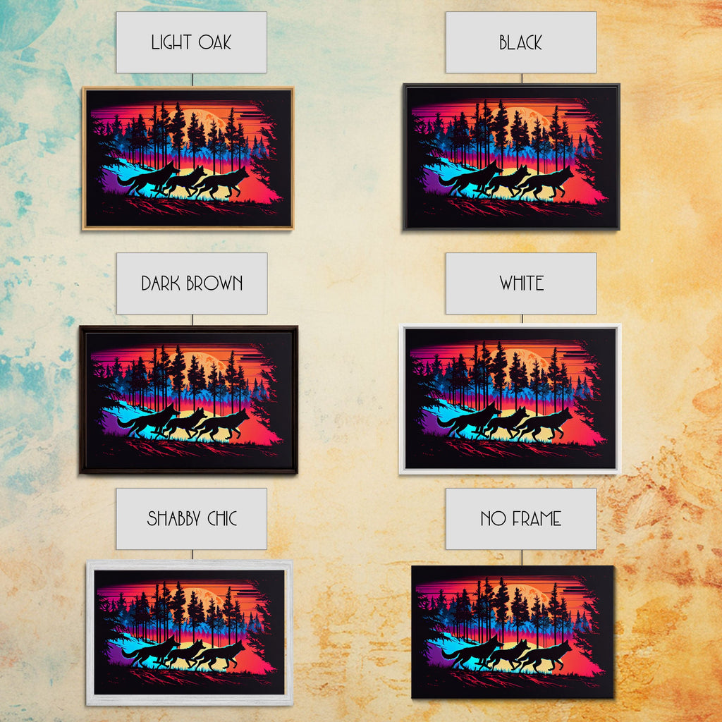 Wolves on the hunt at sunset, synthwave animal art, framed canvas print, vaporwave aesthetic animal art | | Wiccan Center