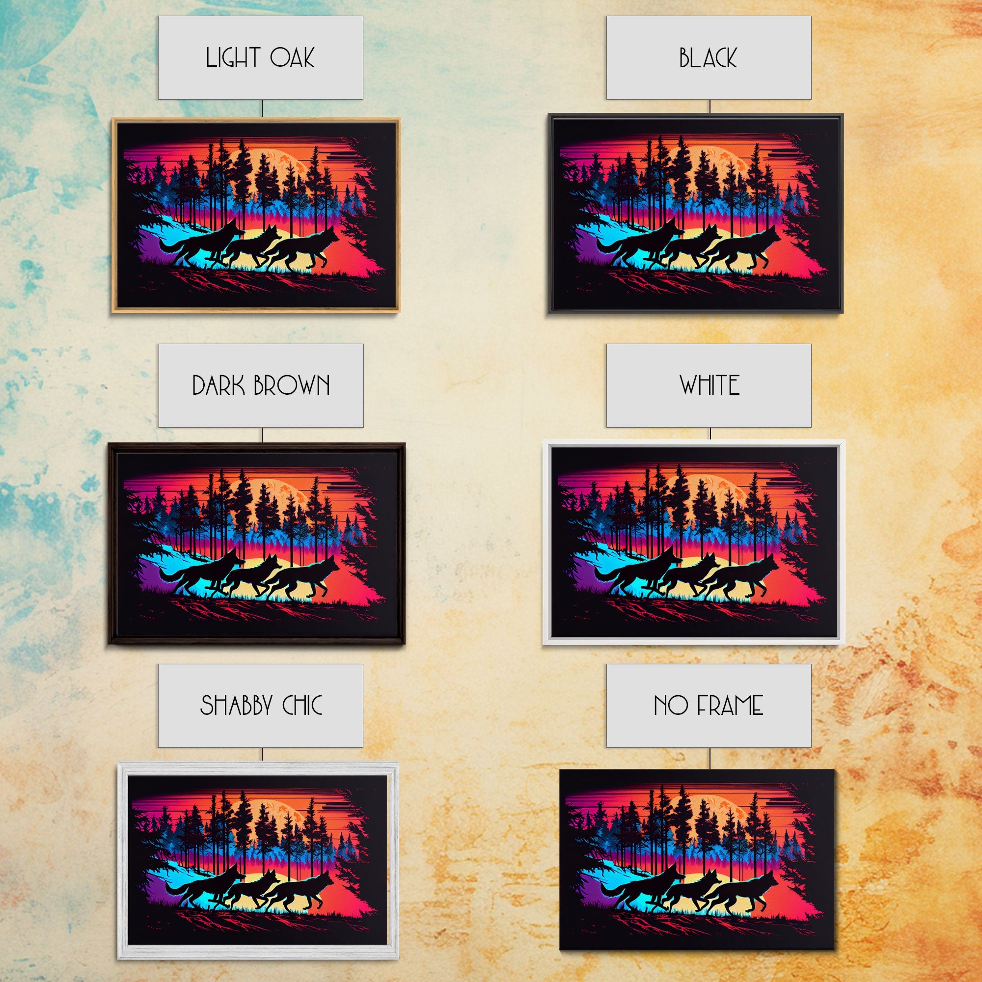 Wolves on the hunt at sunset, synthwave animal art, framed canvas print, vaporwave aesthetic animal art | | Wiccan Center