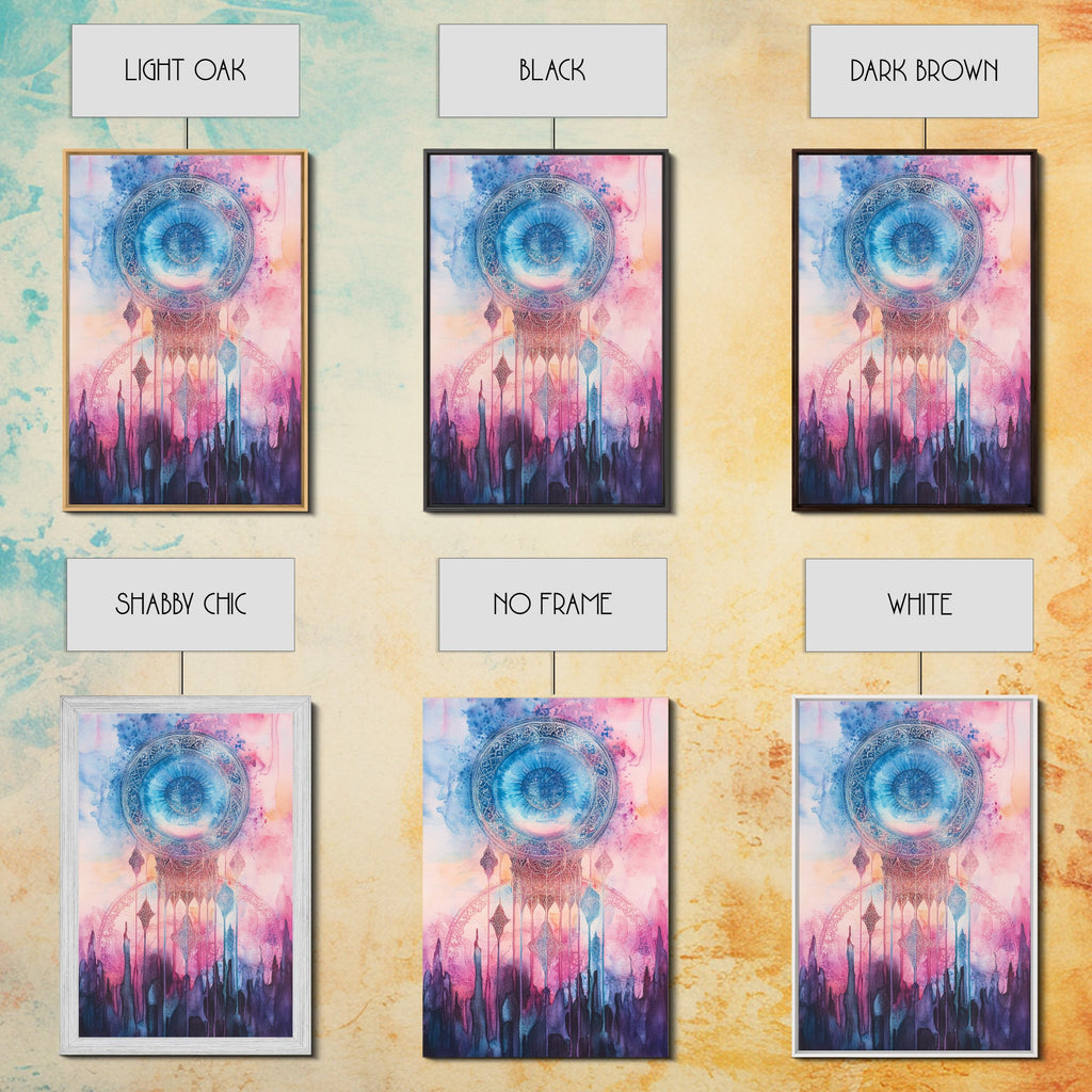 Mystic Sacred Geometry Framed Canvas Print with Bahai Art Elements and Vibrant Pink Blue Abstract, Boho Home Wall Decor