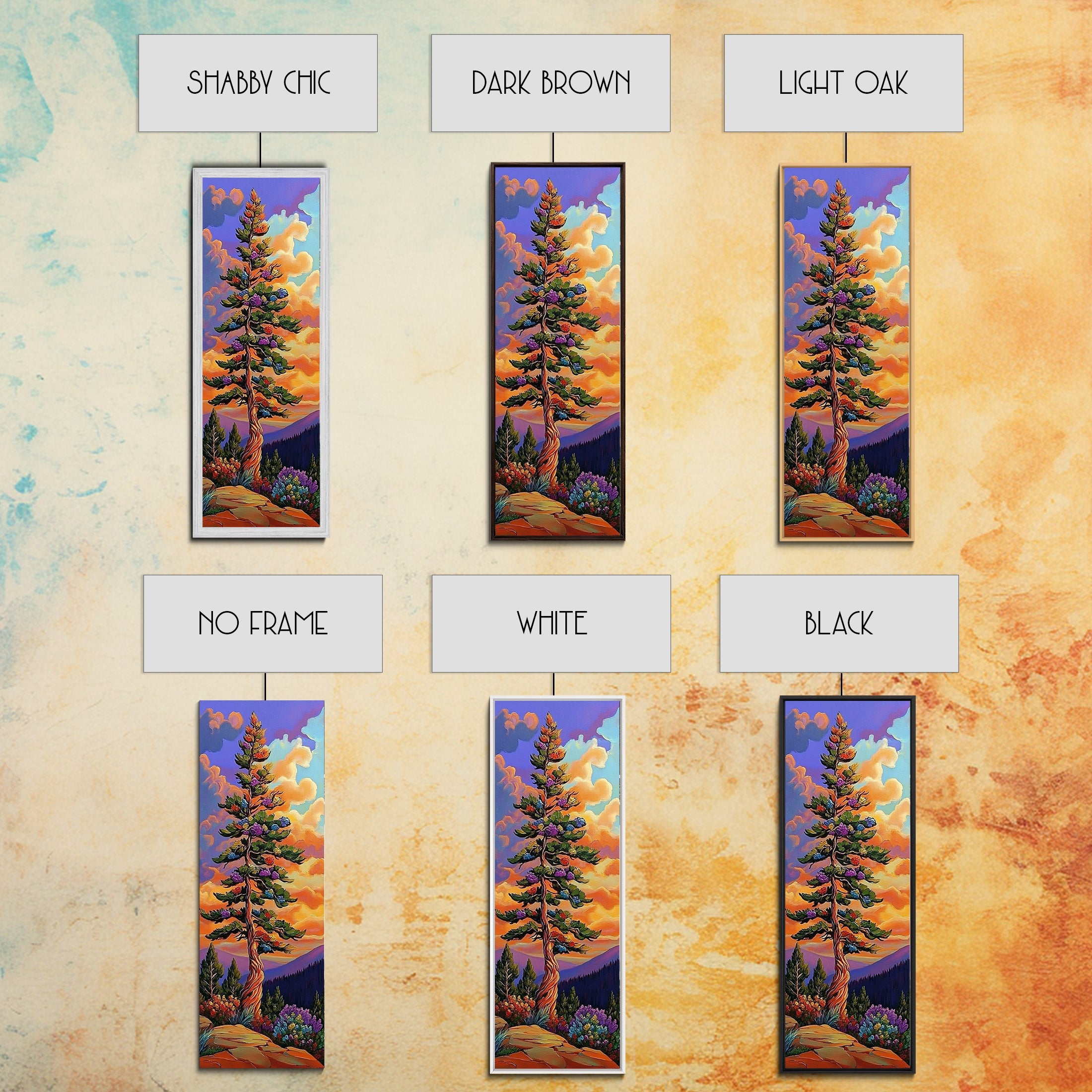 Tree, Mountain, Sunset, Forest, Canvas Print, magical forest tree painting, vibrant mountain sunset wall art, whimsical boho nature decor