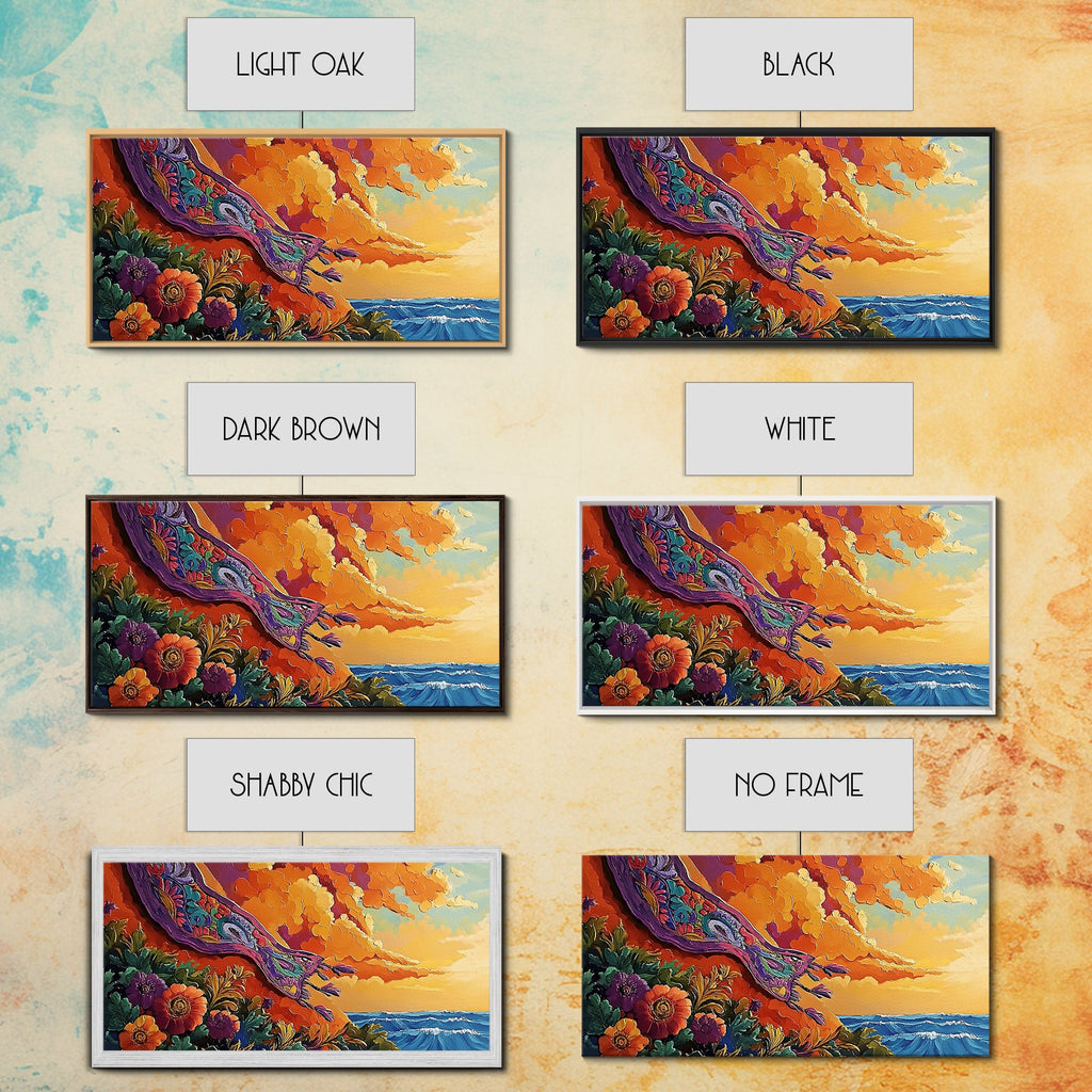 Sunset Coast, Rug, Framed Canvas Print, Sunset Beach Art, Magic Carpet Illustration, Vibrant Coastal Decor, Dreamy Bedroom Art | | Wiccan Center