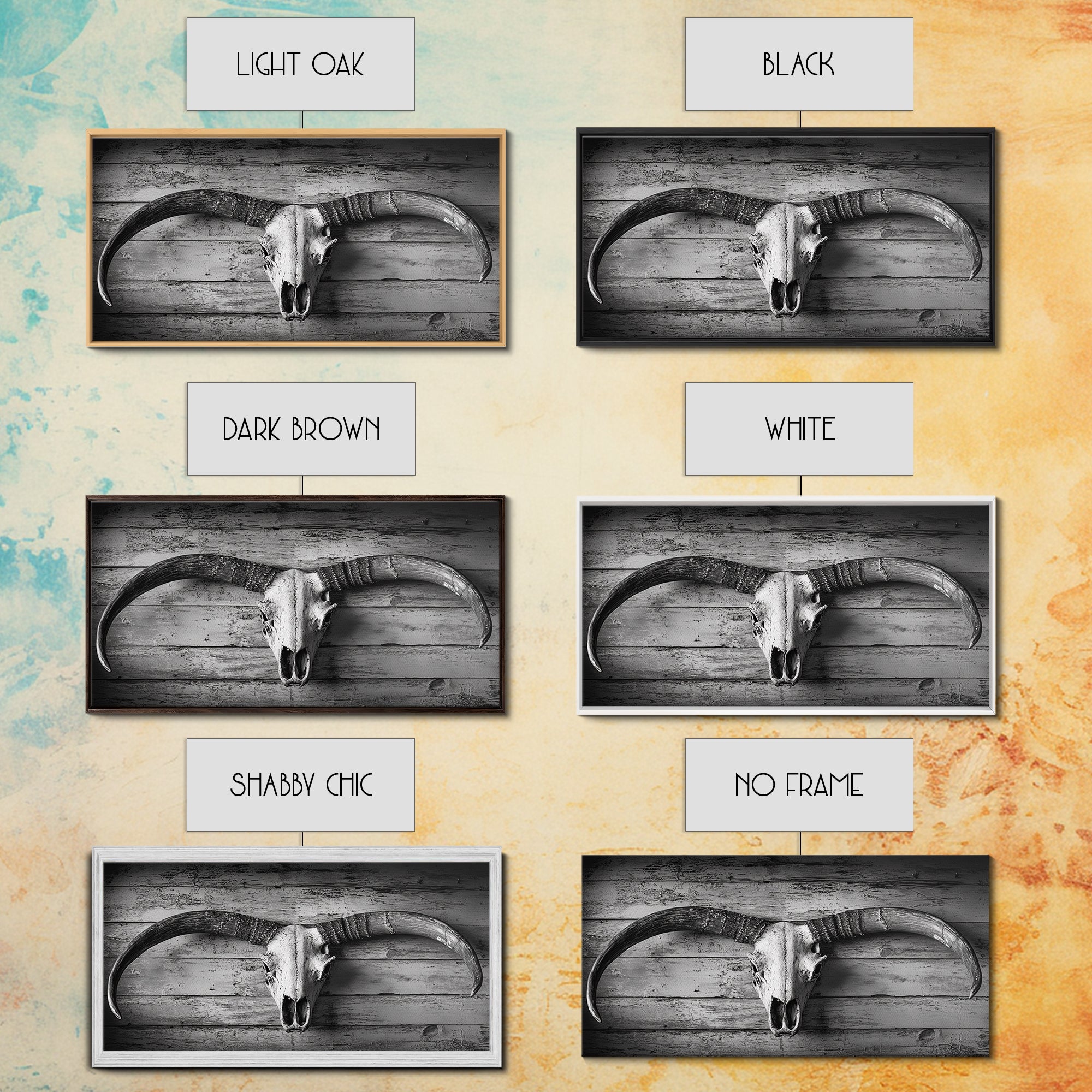 Bull Skull, Rustic Horns, Western Cabin Decor, Weathered Wood, Framed Canvas Print, Farmhouse Wall Art, Cowboy Office Decor, Rustic Wall Art | | Wiccan Center