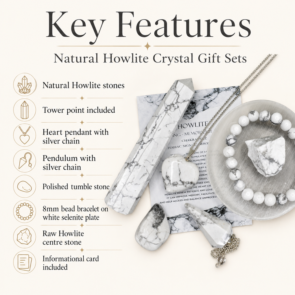 Howlite Crystal Gift Set For Emotional Support and Protection, Real Polished Gemstones. | Merkaba & Platonic Solids | Wiccan Center