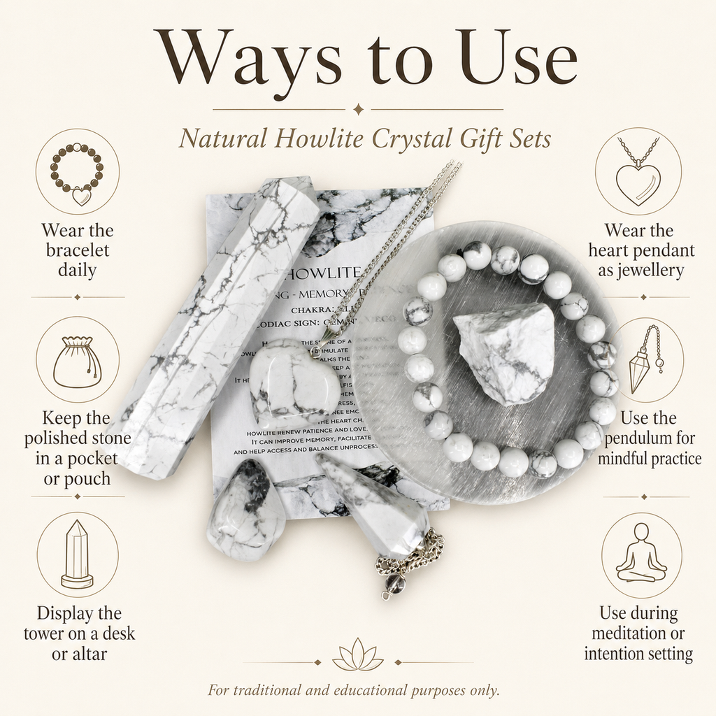 Howlite Crystal Gift Set For Emotional Support and Protection, Real Polished Gemstones. | Merkaba & Platonic Solids | Wiccan Center
