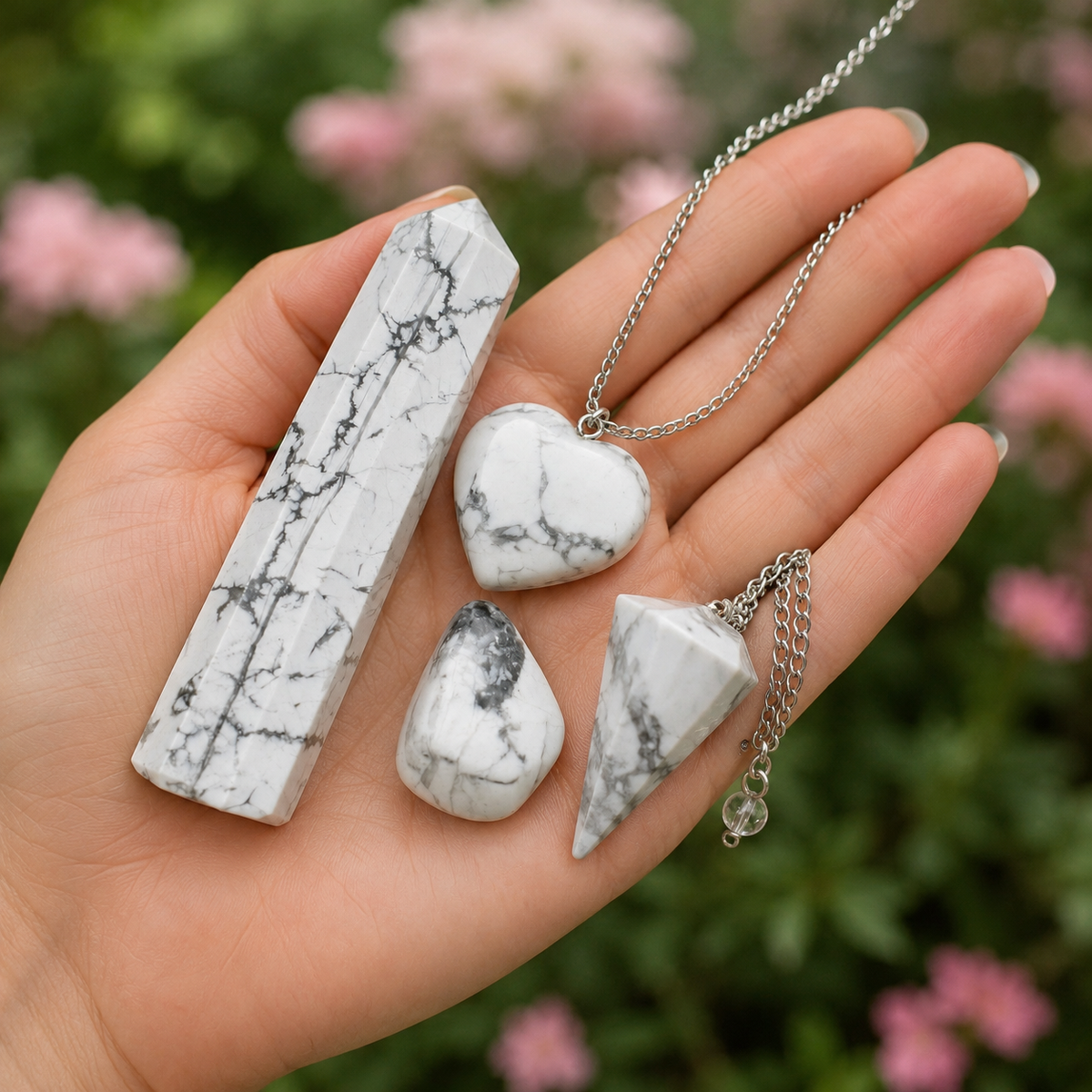 Howlite Crystal Gift Set For Emotional Support and Protection, Real Polished Gemstones. | Merkaba & Platonic Solids | Wiccan Center