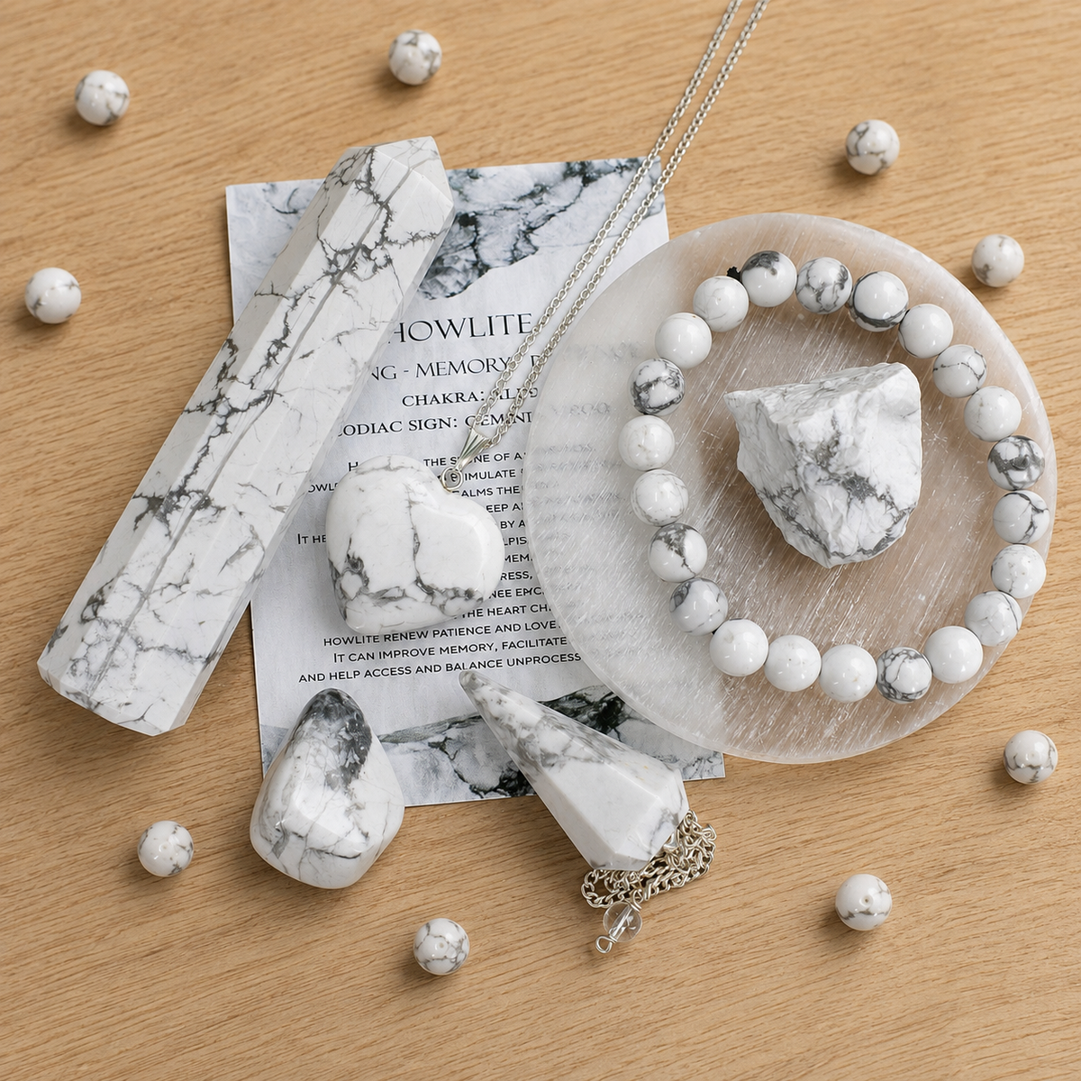 Howlite Crystal Gift Set For Emotional Support and Protection, Real Polished Gemstones. | Merkaba & Platonic Solids | Wiccan Center