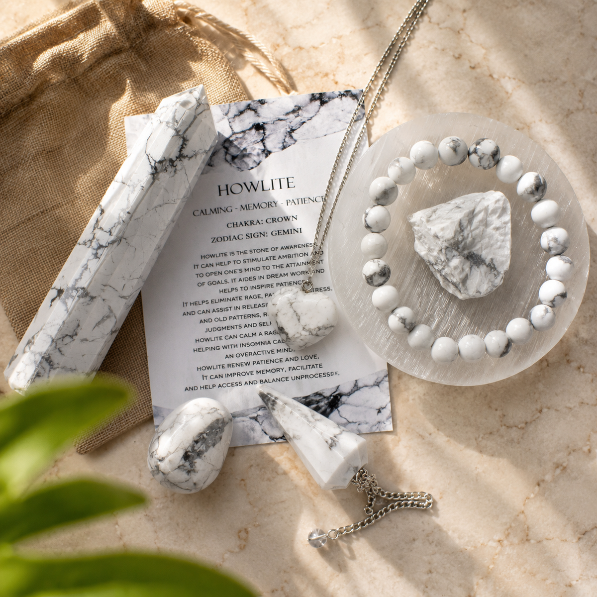 Howlite Crystal Gift Set For Emotional Support and Protection, Real Polished Gemstones. | Merkaba & Platonic Solids | Wiccan Center