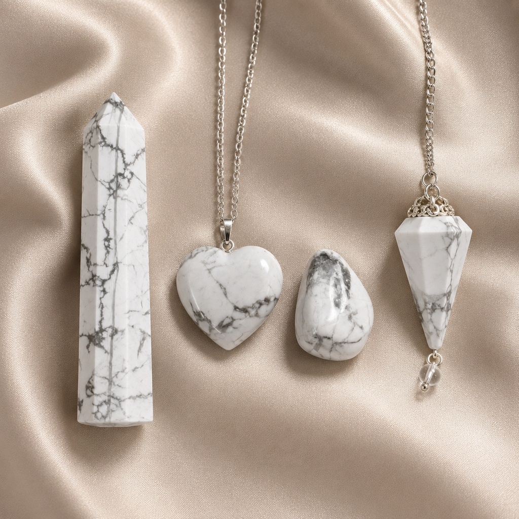 Howlite Crystal Gift Set For Emotional Support and Protection, Real Polished Gemstones. | Merkaba & Platonic Solids | Wiccan Center