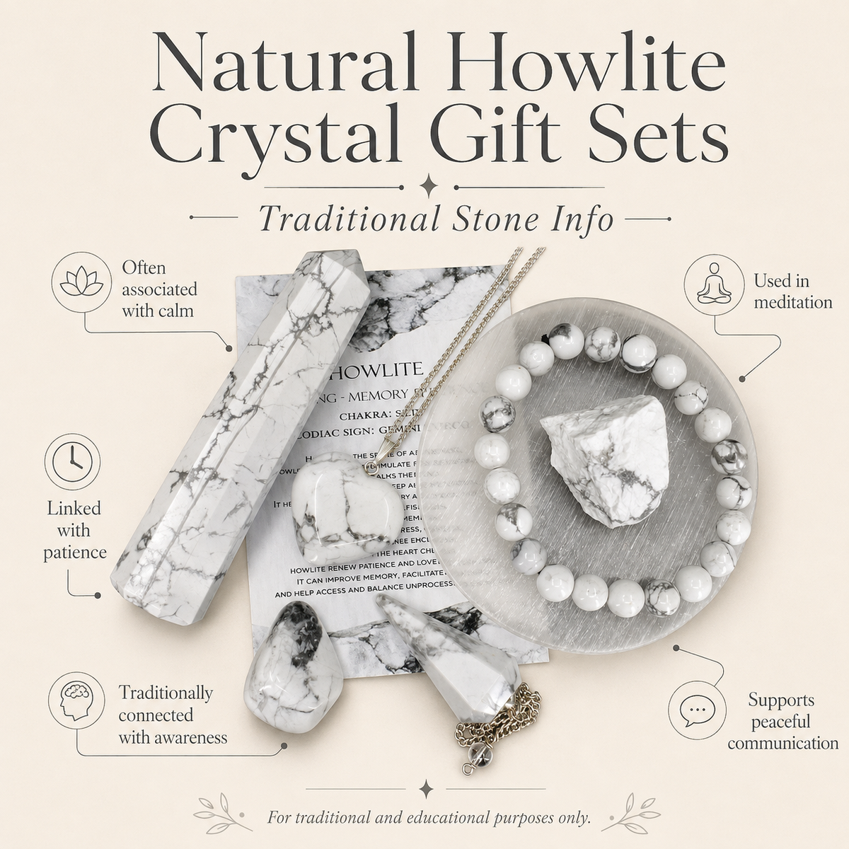 Howlite Crystal Gift Set For Emotional Support and Protection, Real Polished Gemstones. | Merkaba & Platonic Solids | Wiccan Center