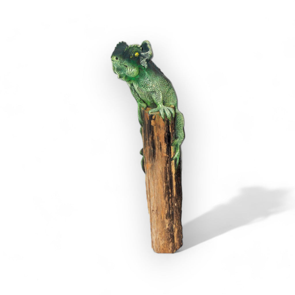Green Chameleon Toy on a log 25" Tall | Iguana | Wiccan Center
