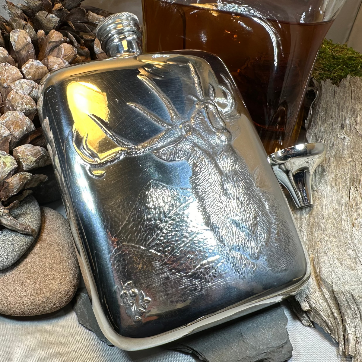 Roaring Stag Pewter Hip Flask - Handmade in England | Gifts | Wiccan Center