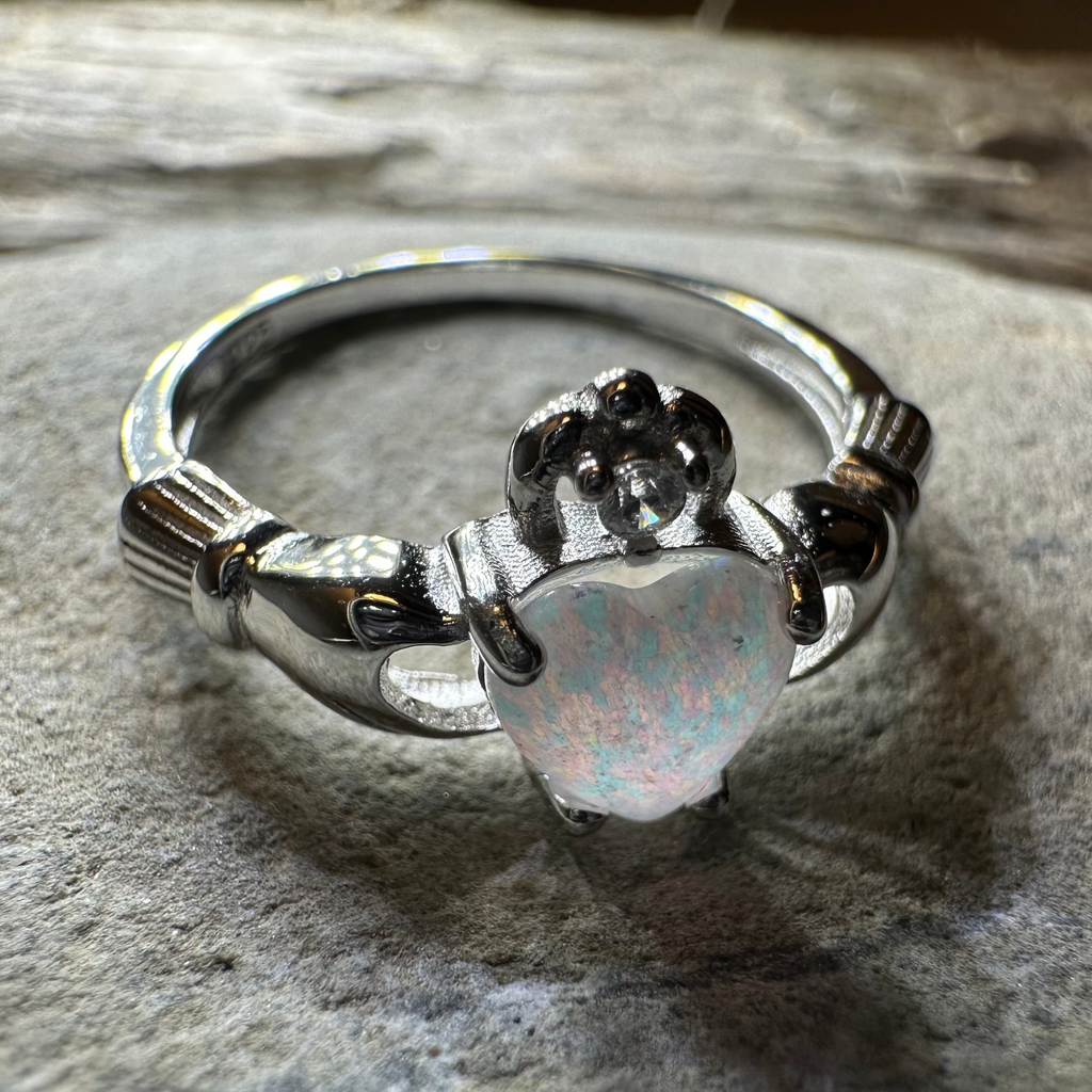 White Fire Opal Irish Claddagh Ring in Sterling Silver | Ring | Wiccan Center