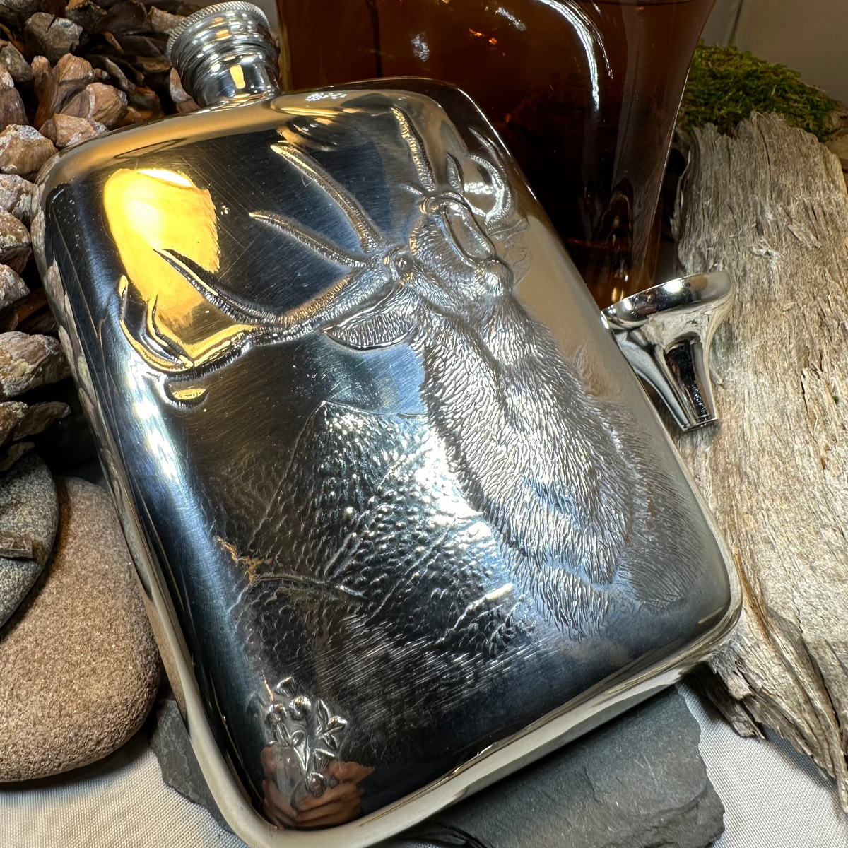 Roaring Stag Pewter Hip Flask - Handmade in England | Gifts | Wiccan Center
