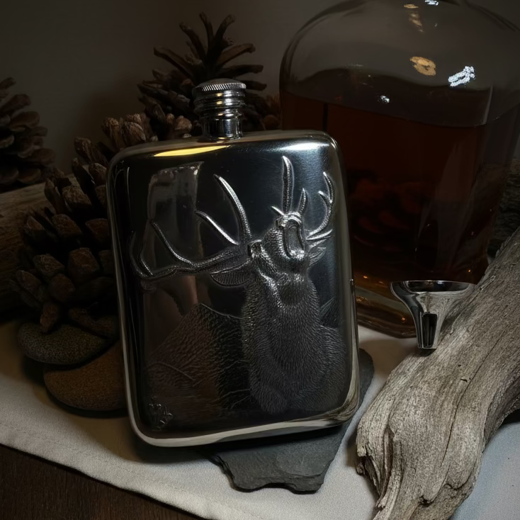 Roaring Stag Pewter Hip Flask - Handmade in England | Gifts | Wiccan Center