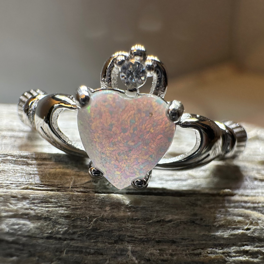 White Fire Opal Irish Claddagh Ring in Sterling Silver | Ring | Wiccan Center