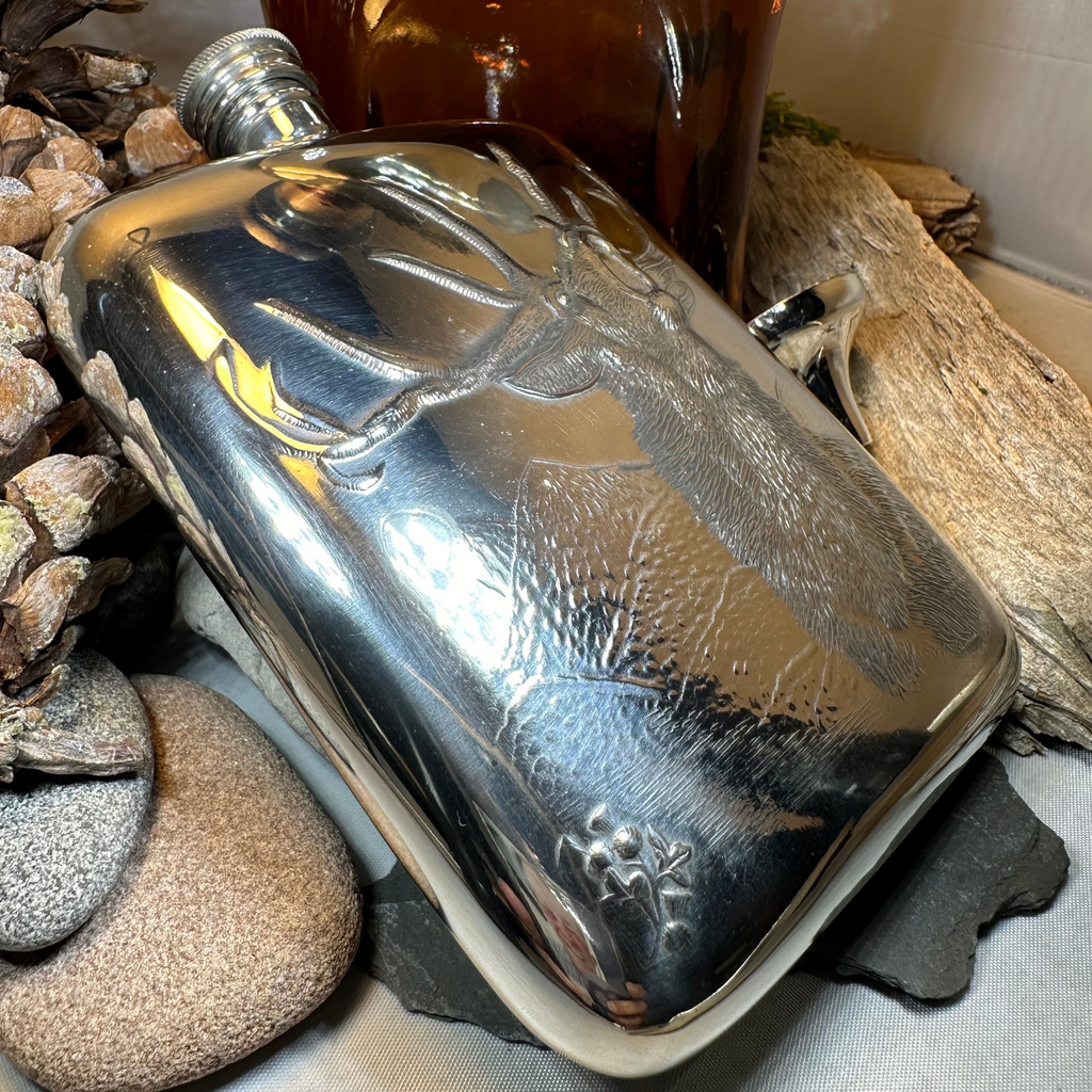 Roaring Stag Pewter Hip Flask - Handmade in England | Gifts | Wiccan Center