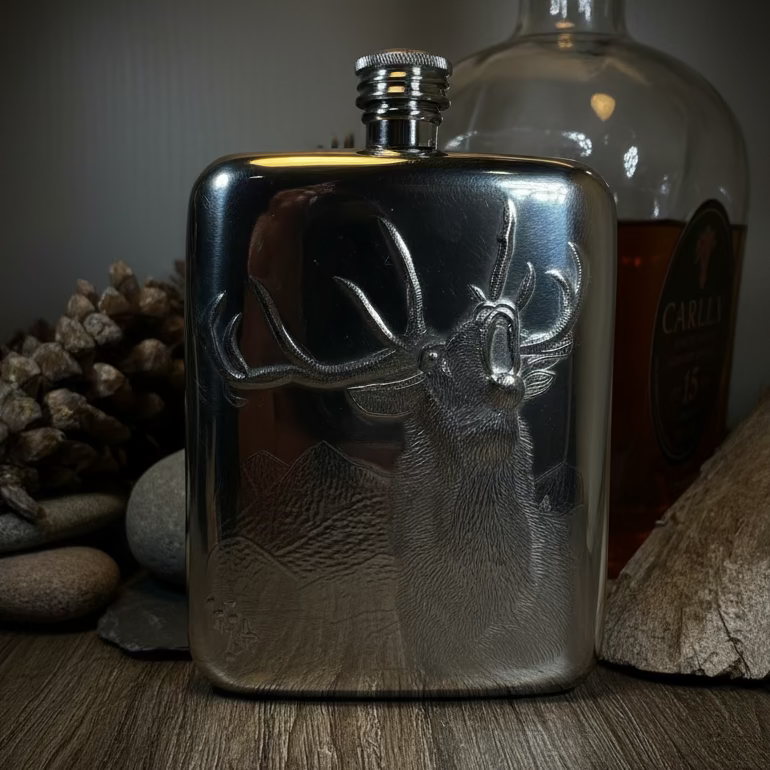 Roaring Stag Pewter Hip Flask - Handmade in England | Gifts | Wiccan Center