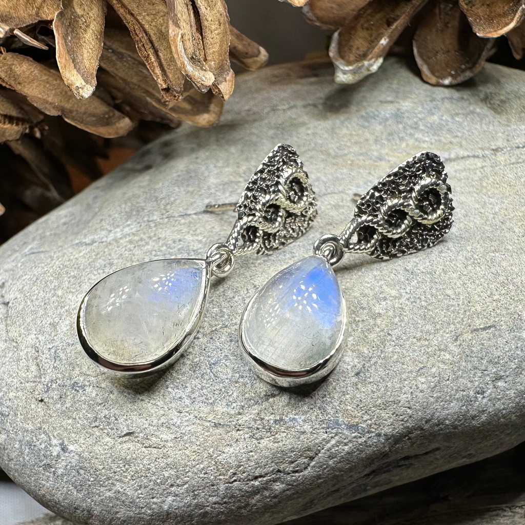 Adamaris Celtic Moonstone Earrings in Sterling Silver | Dangle Earrings | Wiccan Center