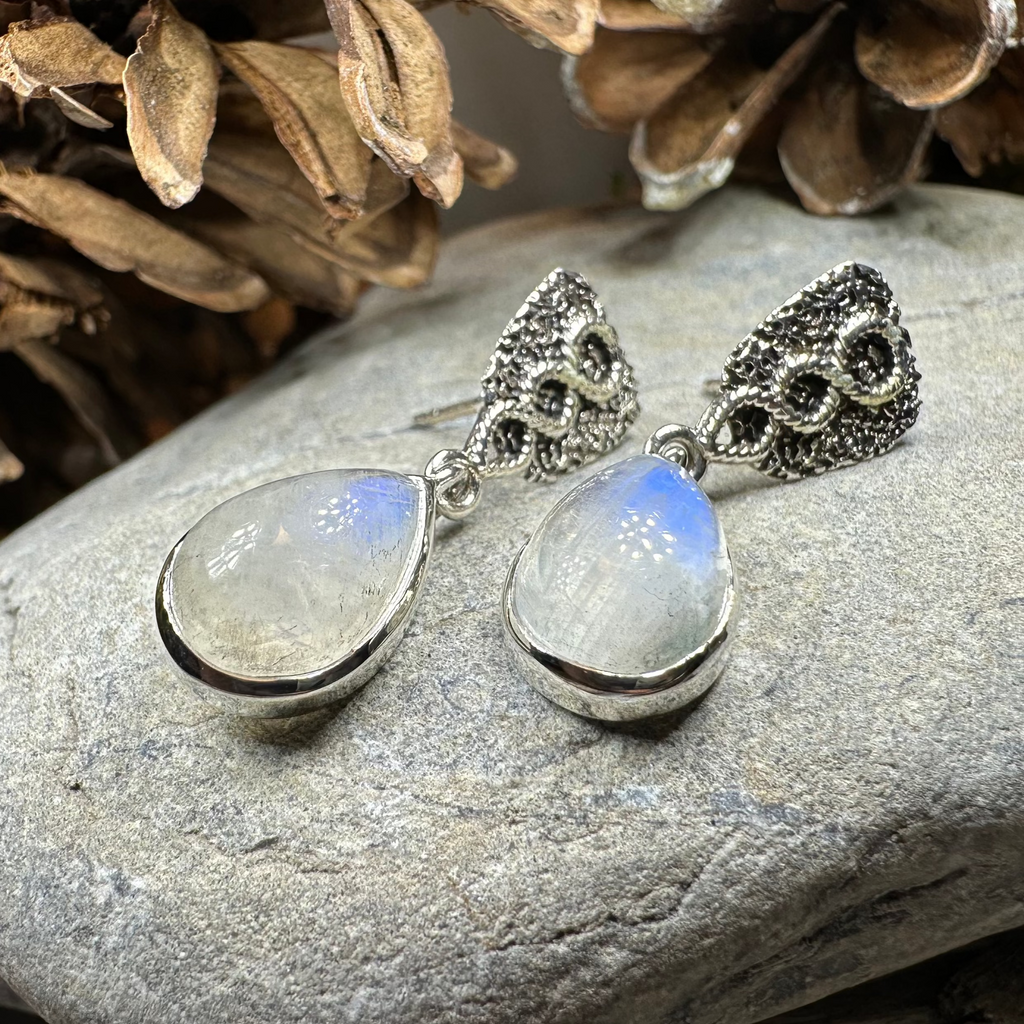 Adamaris Celtic Moonstone Earrings in Sterling Silver | Dangle Earrings | Wiccan Center