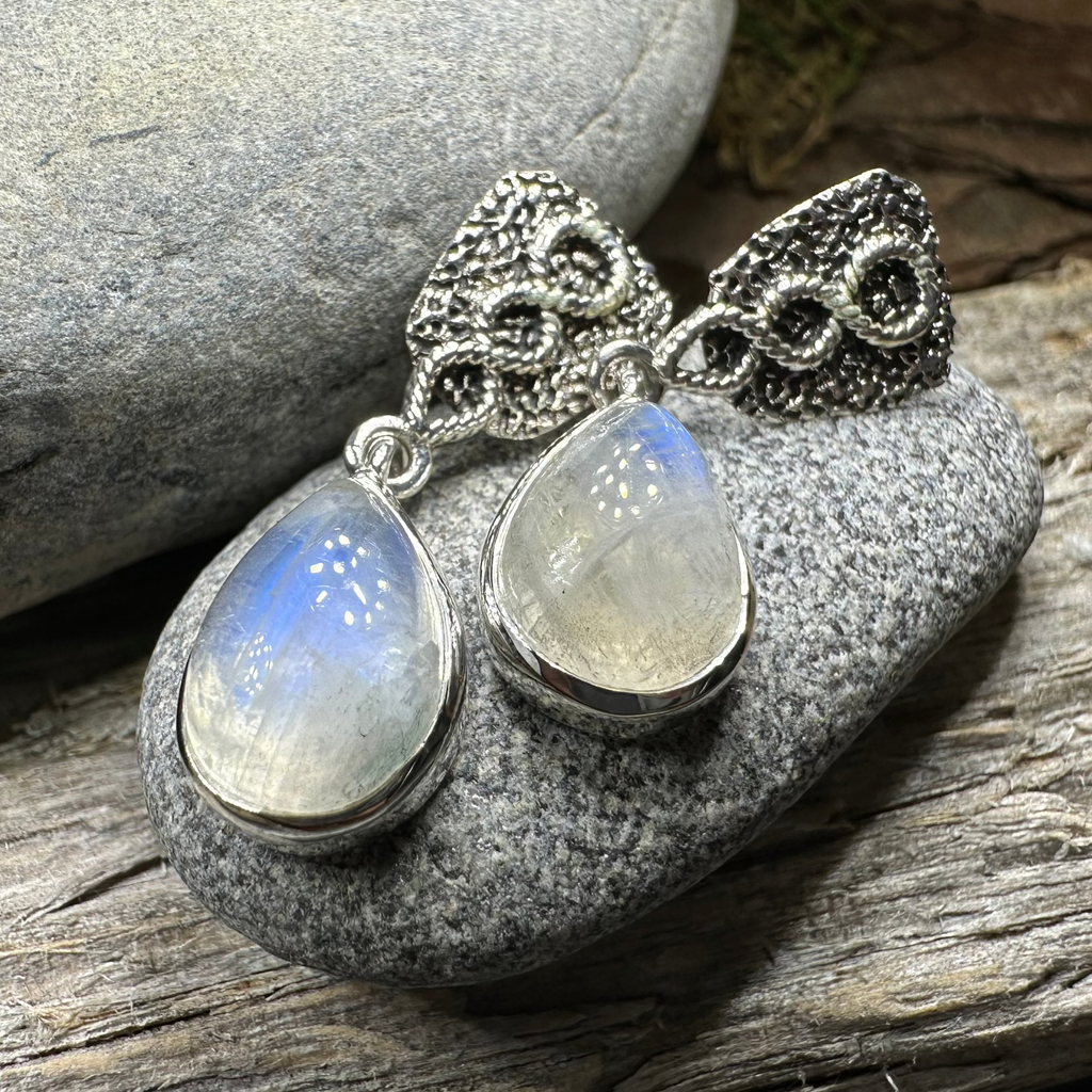 Adamaris Celtic Moonstone Earrings in Sterling Silver | Dangle Earrings | Wiccan Center