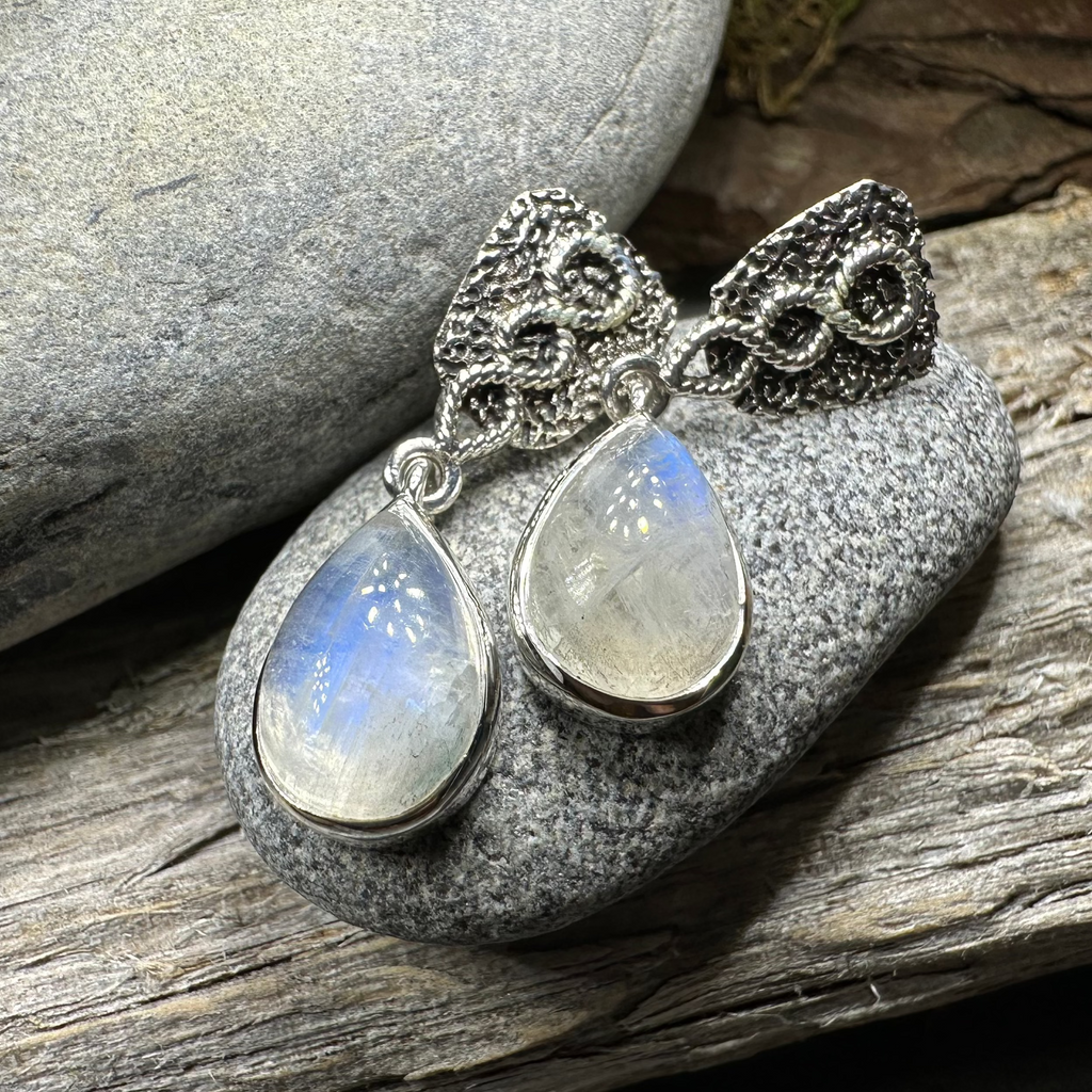 Adamaris Celtic Moonstone Earrings in Sterling Silver | Dangle Earrings | Wiccan Center