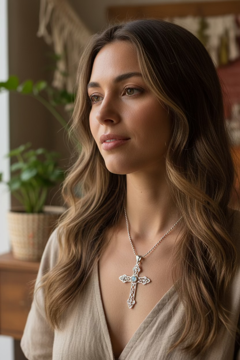 Gratitude Celtic Cross Moonstone Necklace in Sterling Silver | Pendant | Wiccan Center