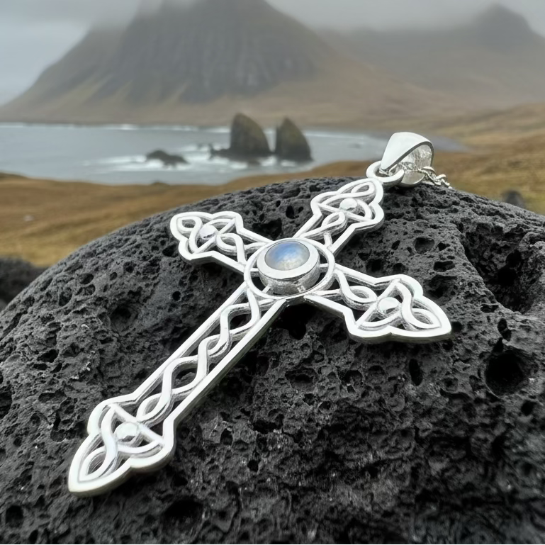 Gratitude Celtic Cross Moonstone Necklace in Sterling Silver | Pendant | Wiccan Center